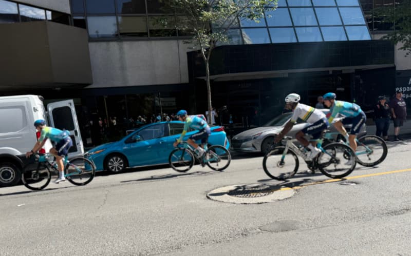 Astana team riders leaving the hotel for their pre-race training ride
